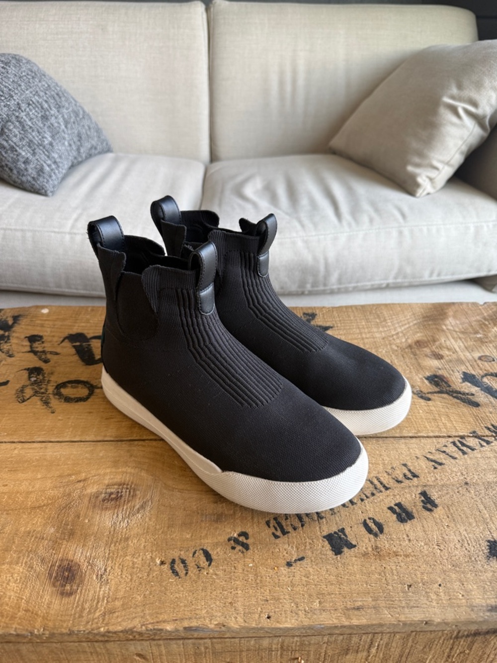 Vessi Black Knit Slip-On Chelsea Sneaker Boots with White Sole